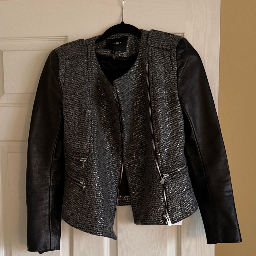 Maje black leather and metallic tweed moto jacket